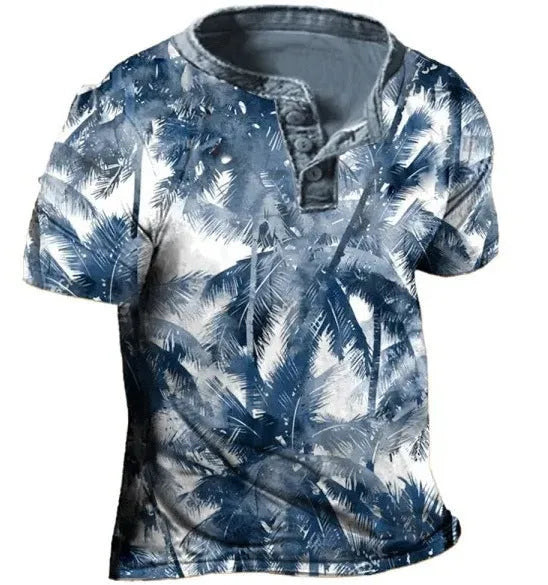 Men's short sleeve sports shirt with 3D printed pattern and lapel button in polyester fabric
