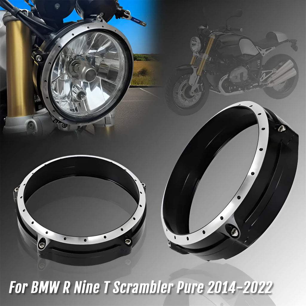 Black CNC aluminium headlamp cover protective frame for BMW R nineT Scrambler motorcycle