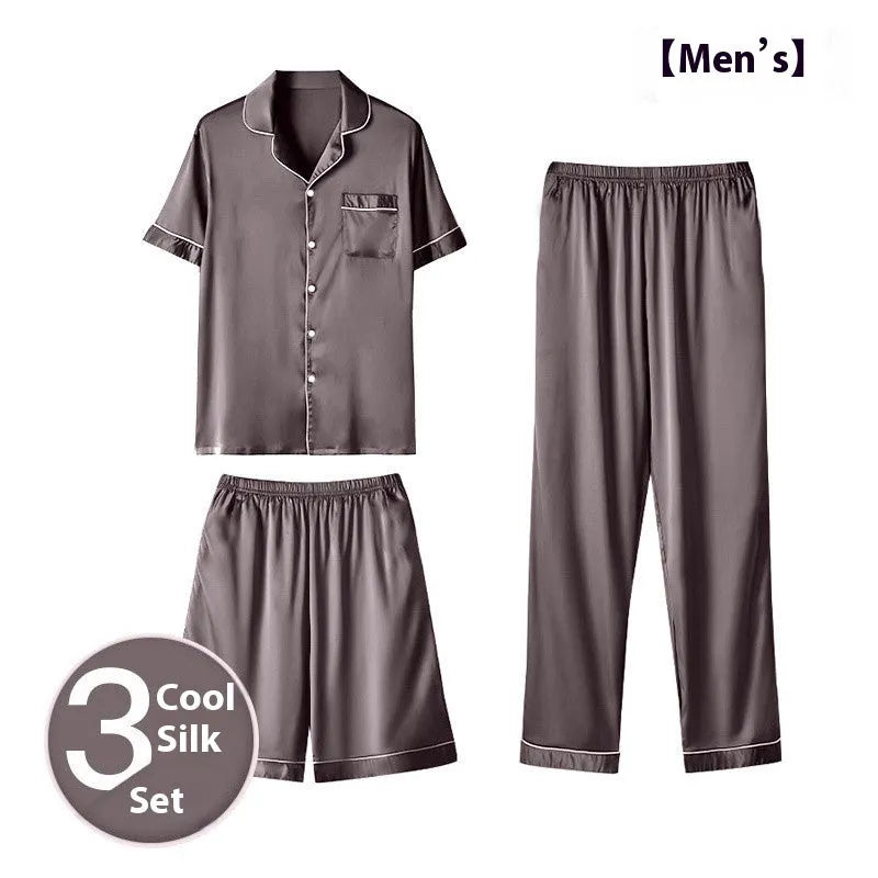 Men's black ice silk three-piece home wear suit featuring a sleeveless top, shorts, and trousers laid flat