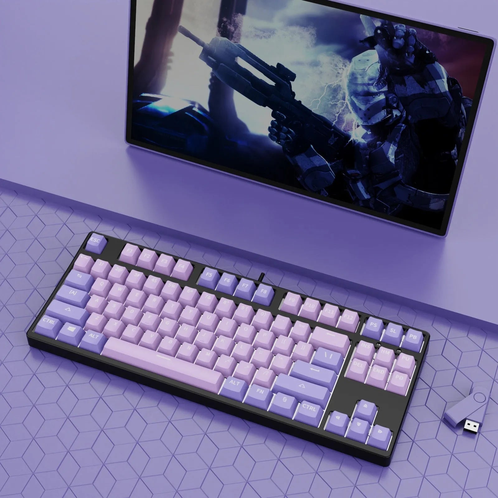 87-key wired mechanical gaming keyboard with hot-swappable switches shown in a two-tone colour scheme on a metal chassis.