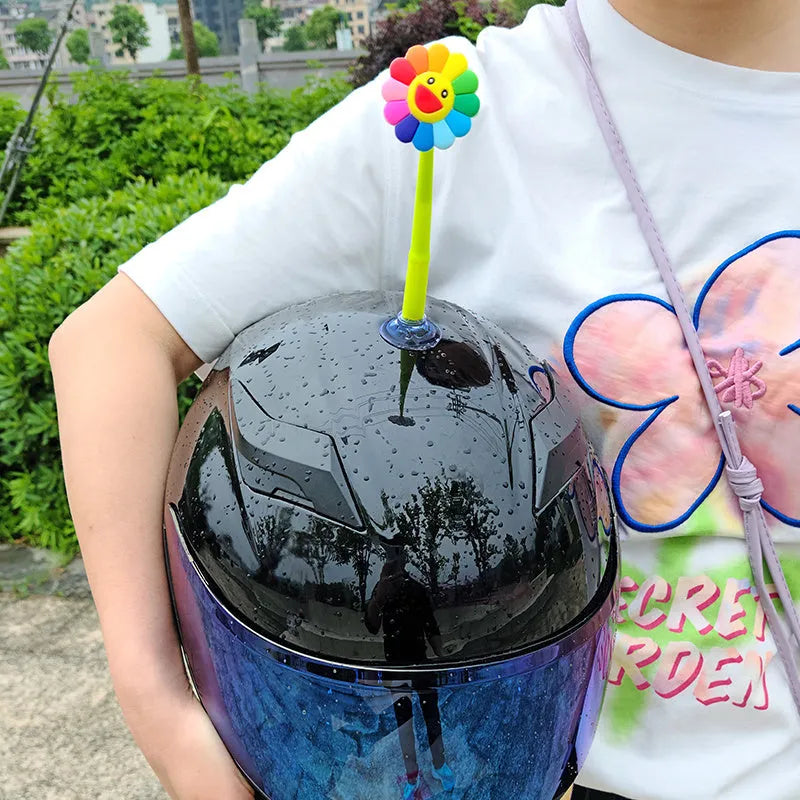 Silicone sunflower helmet decoration with suction cup mount for universal helmet attachment
