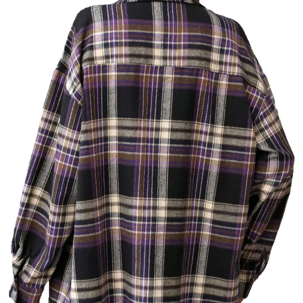 Women's loose fit retro plaid cotton shirt on hanger in black, green, or purple colour options
