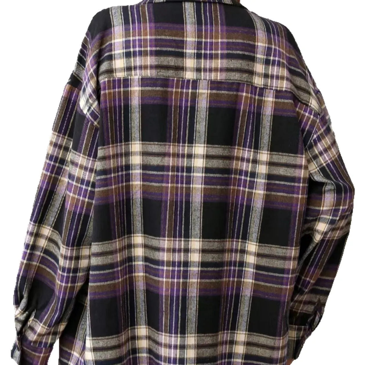 Women's loose fit retro plaid cotton shirt on hanger in black, green, or purple colour options