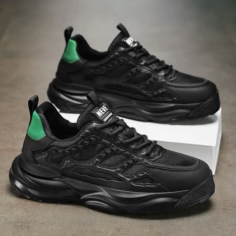 Men's solid colour trainer shoes with PU mesh upper in white or black on a plain background