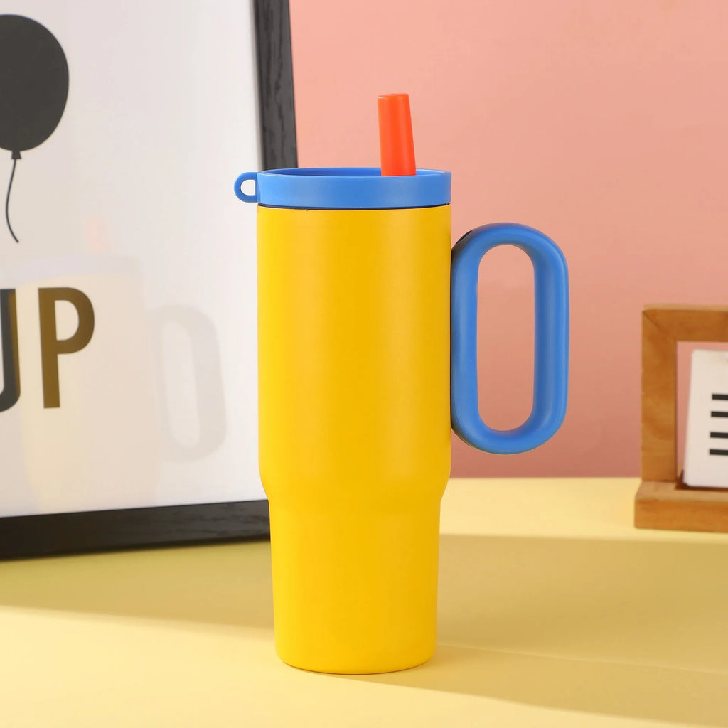 Large insulated straw drinking cup with carrying handle in multiple colour options