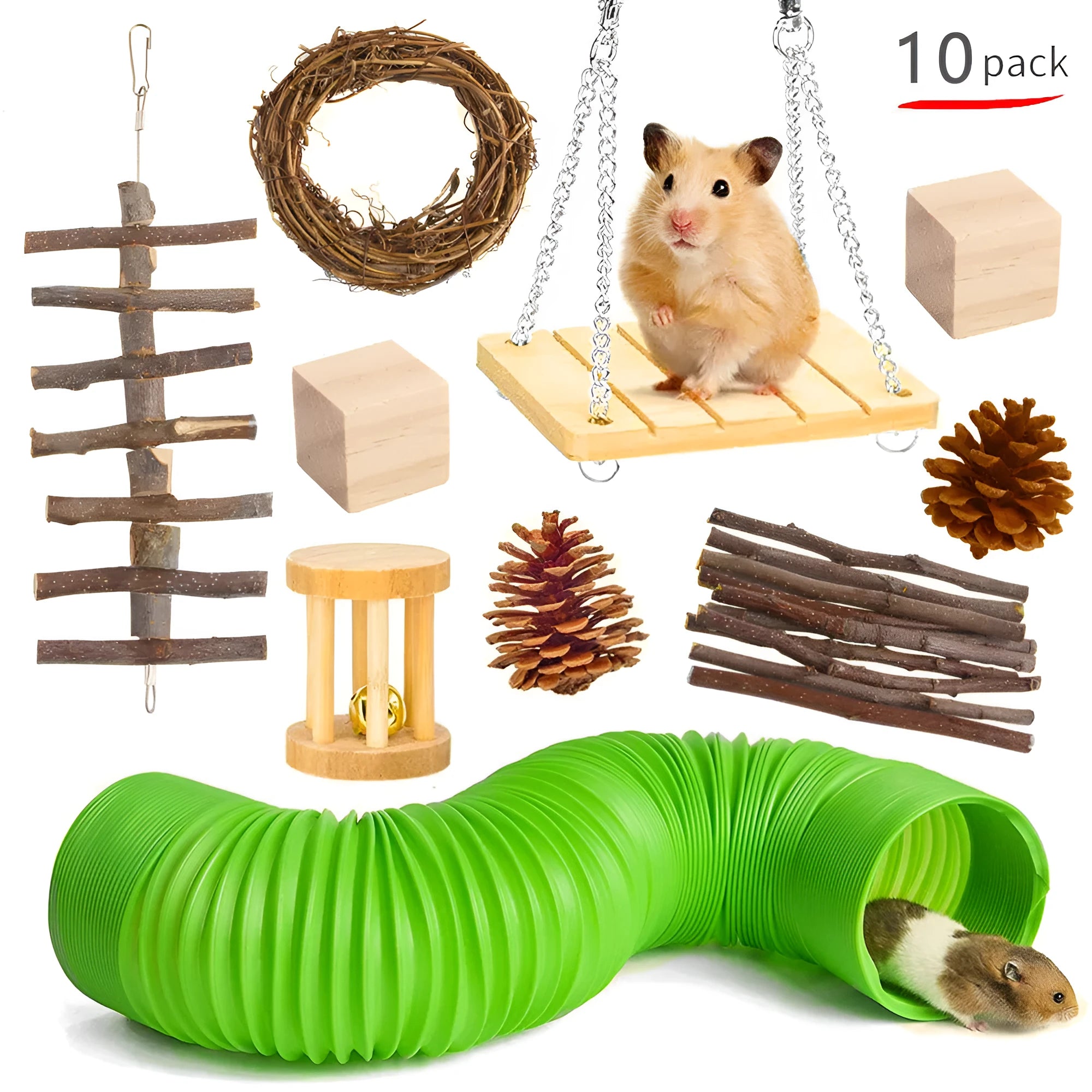 Assortment of natural wooden and woven grass toys for rabbits, guinea pigs, and parrots