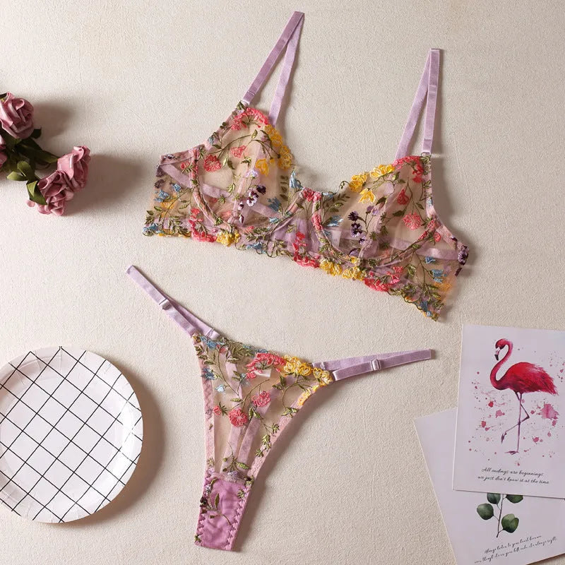 Floral mesh bra set with steel ring T-back and 3/4 cup design in multiple colours.