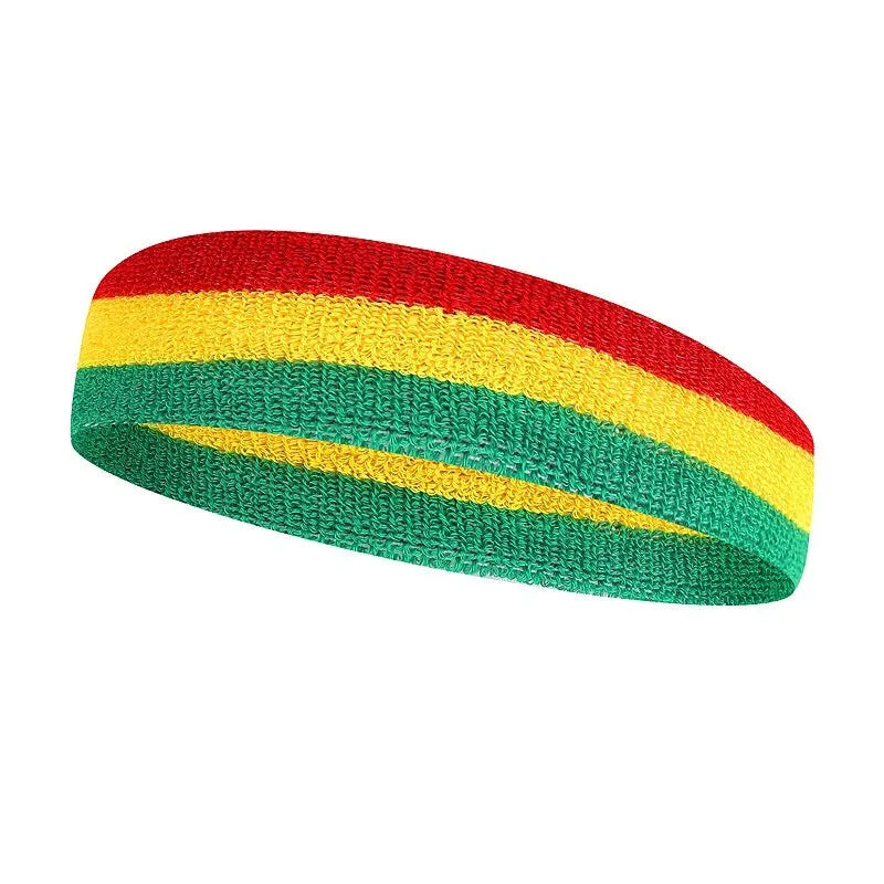 Cotton sports headband for adults in black red yellow colour combination measuring 5.5 by 20 cm