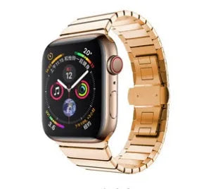 Silver metal Apple Watch band with butterfly clasp on a 40mm compatible watch case.