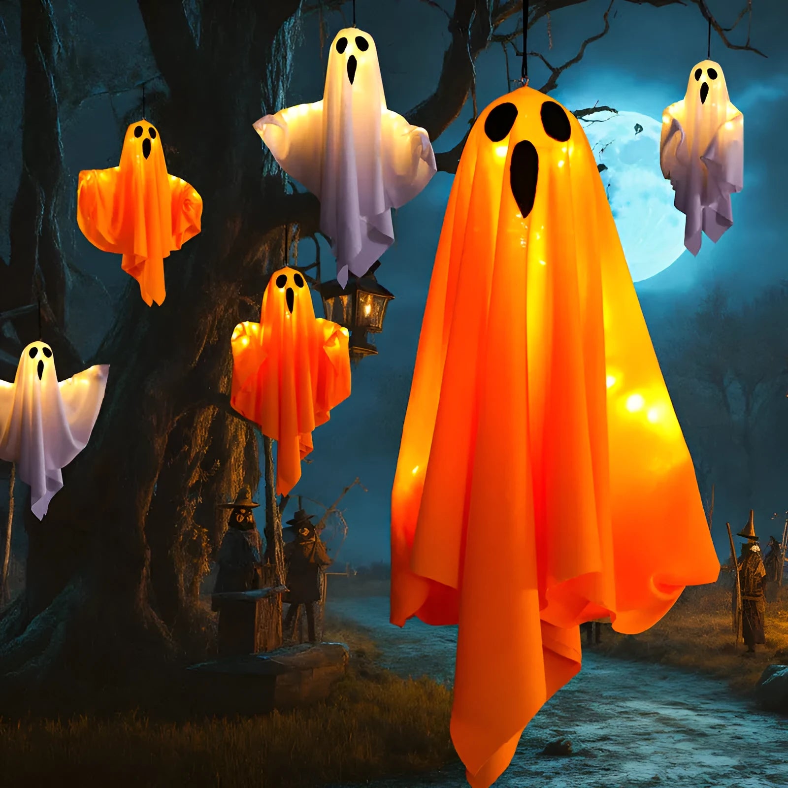 White cloth ghost Halloween light with 4.5V button battery for indoor party decoration