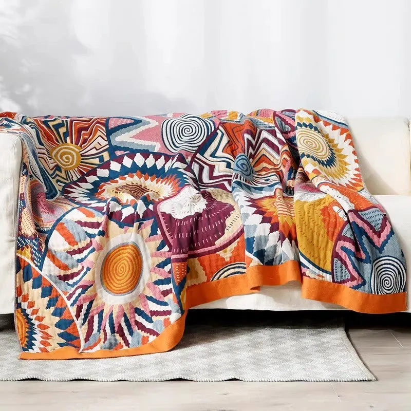 Roulette Wheel Blue five-layer gauze pure cotton blanket on bed showing modern simple pattern