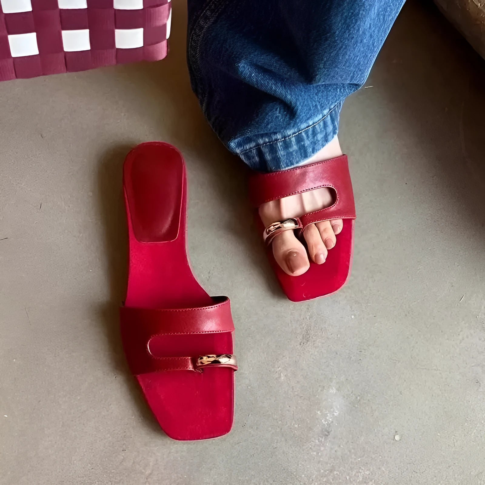 Plus size square head leather slippers with rubber sole in black, red, silver, or white colours