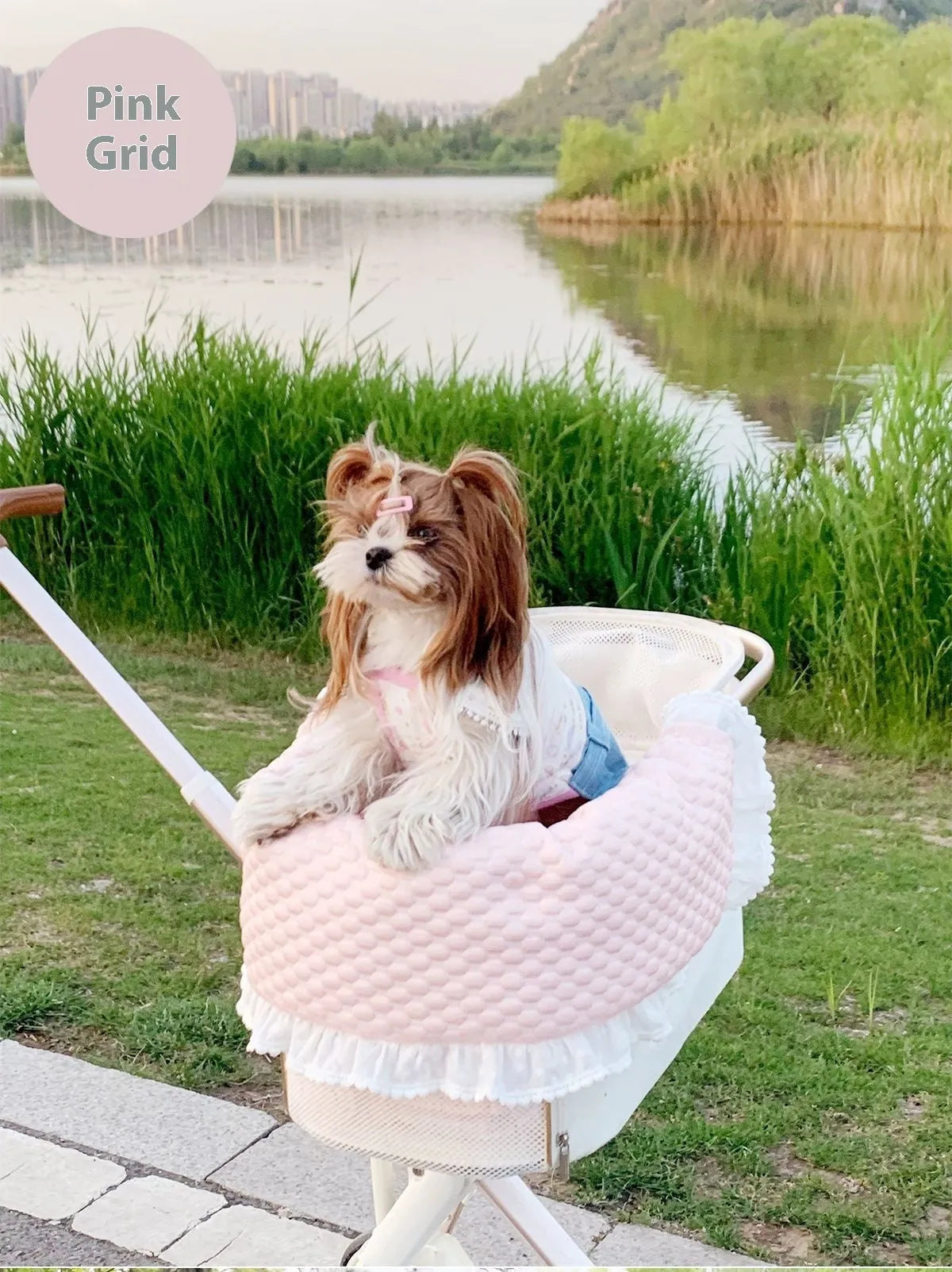 Pet stroller accessory set showing cotton anti-dirty towel, cushion, and pillow in a floral pattern.