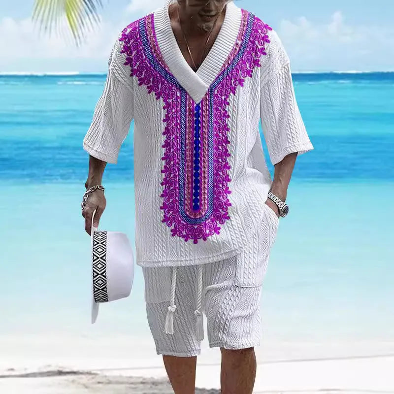 Printed men's knitted short-sleeved top and matching shorts in a drop-shoulder design.