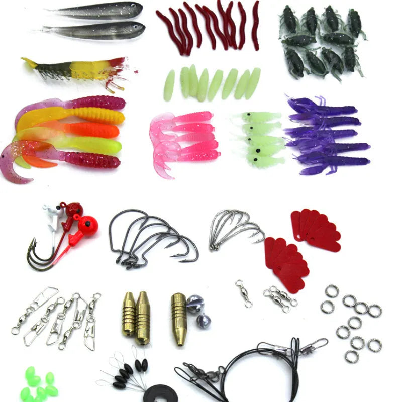 132 piece fishing lure suit with soft bait lures and high carbon steel hooks in rose red treasure colour