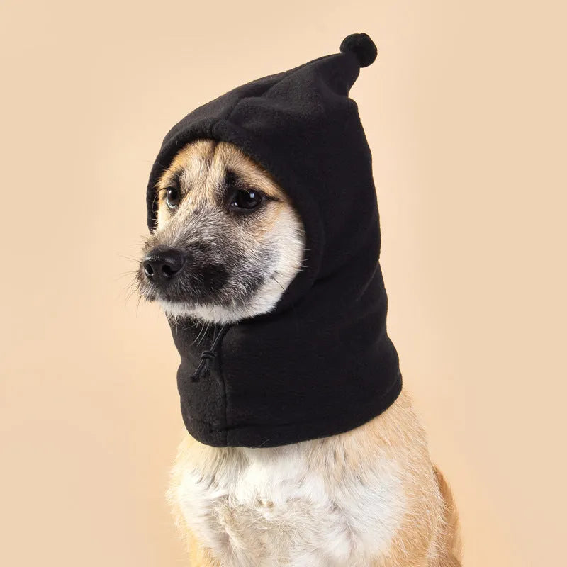 Cloth bear design pet headdress with rabbit ears on a dog, available in black, red, and leopard print.