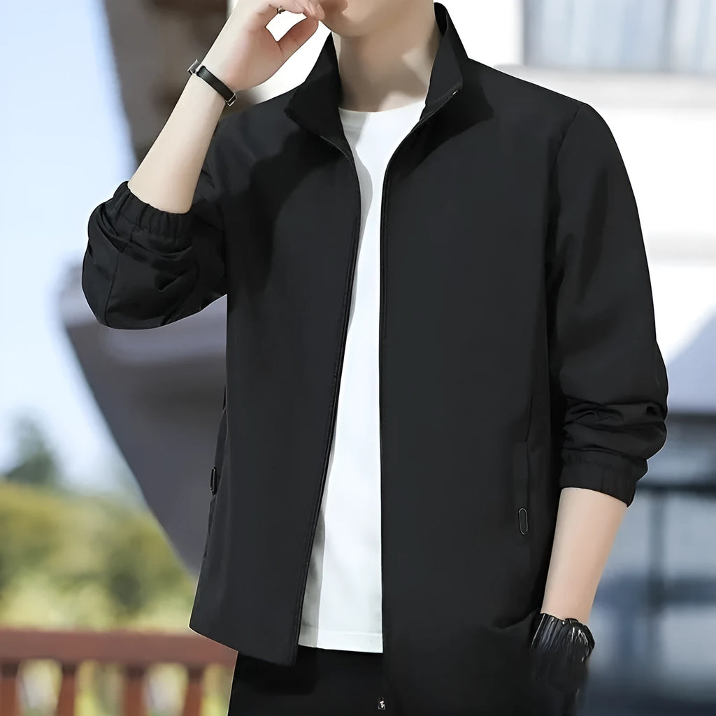 Korean style loose fit thin autumn jacket in blue with lapel collar and zip pockets.