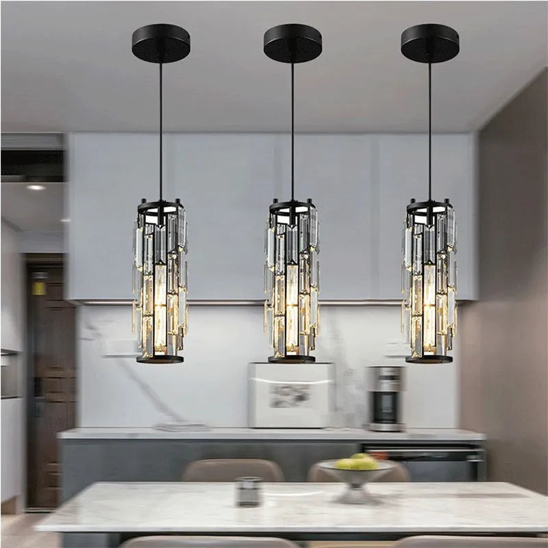 Single head industrial style crystal LED droplight pendant light in black finish.