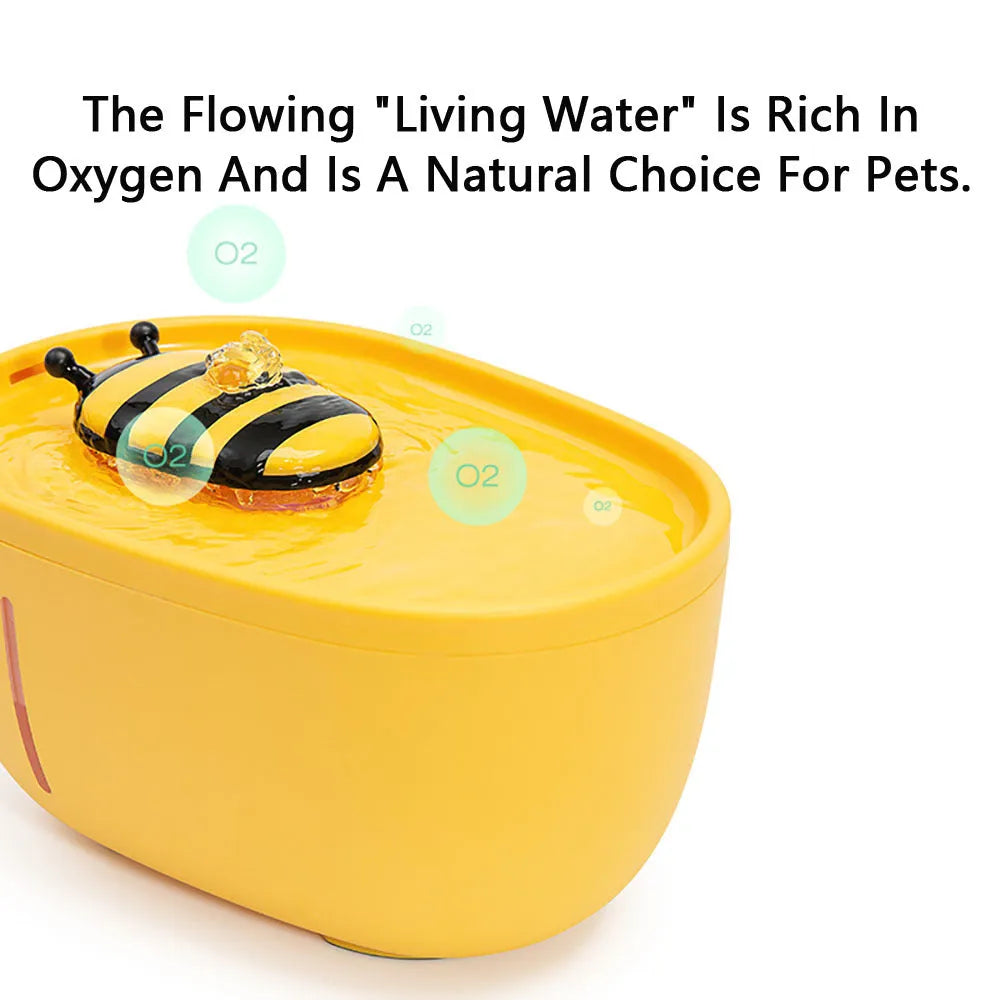 Yellow cat water fountain with filter, water level window, and anti-slip base.