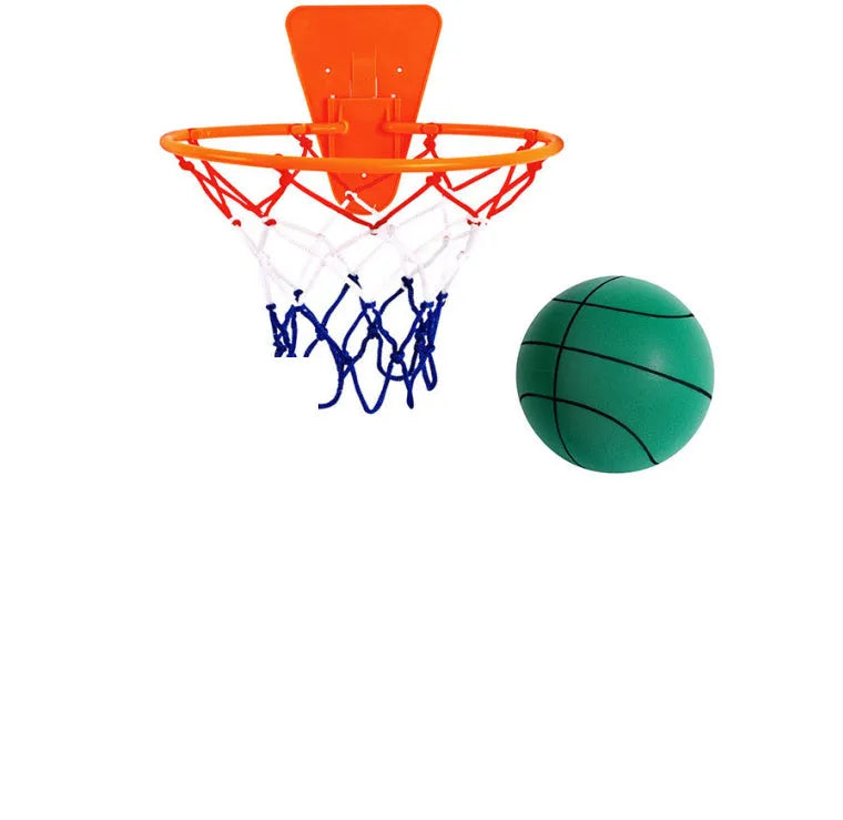 Assorted bright coloured silent high-density foam basketballs in different sizes with a basketball frame.