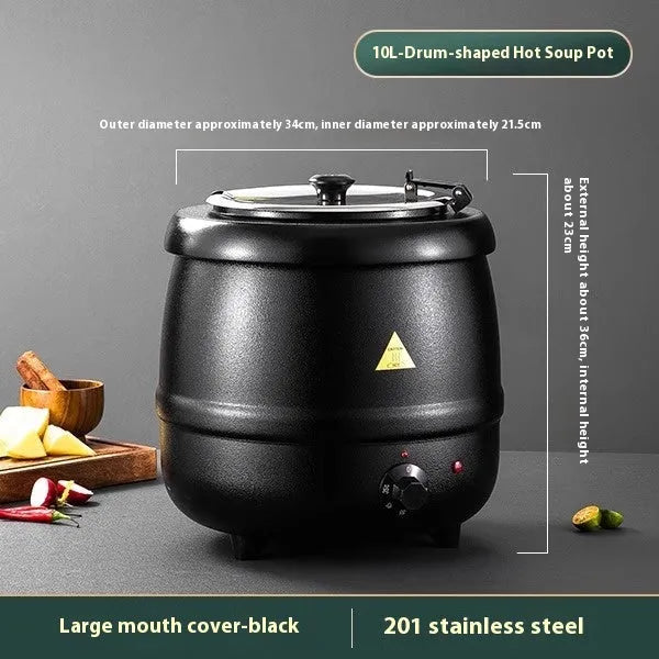 Black stainless steel 10-litre insulation pot with large cover for heat preservation.