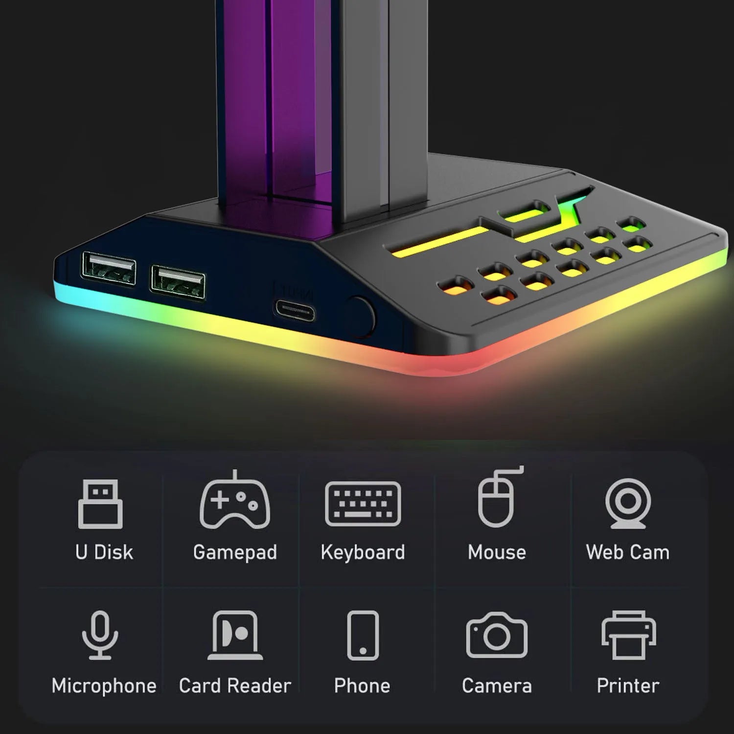 Headphone display rack with RGB lighting and dual USB ports in black acrylic design