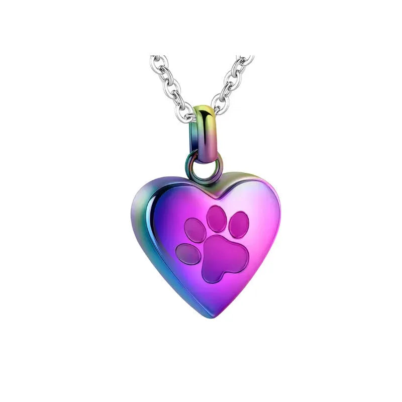 Openable heart-shaped titanium steel cinerary necklace with love paw print design in five colour options.
