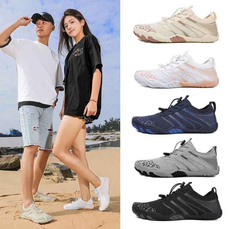 Unisex casual beach running shoes with Lycra stretch fabric uppers in beige colour.