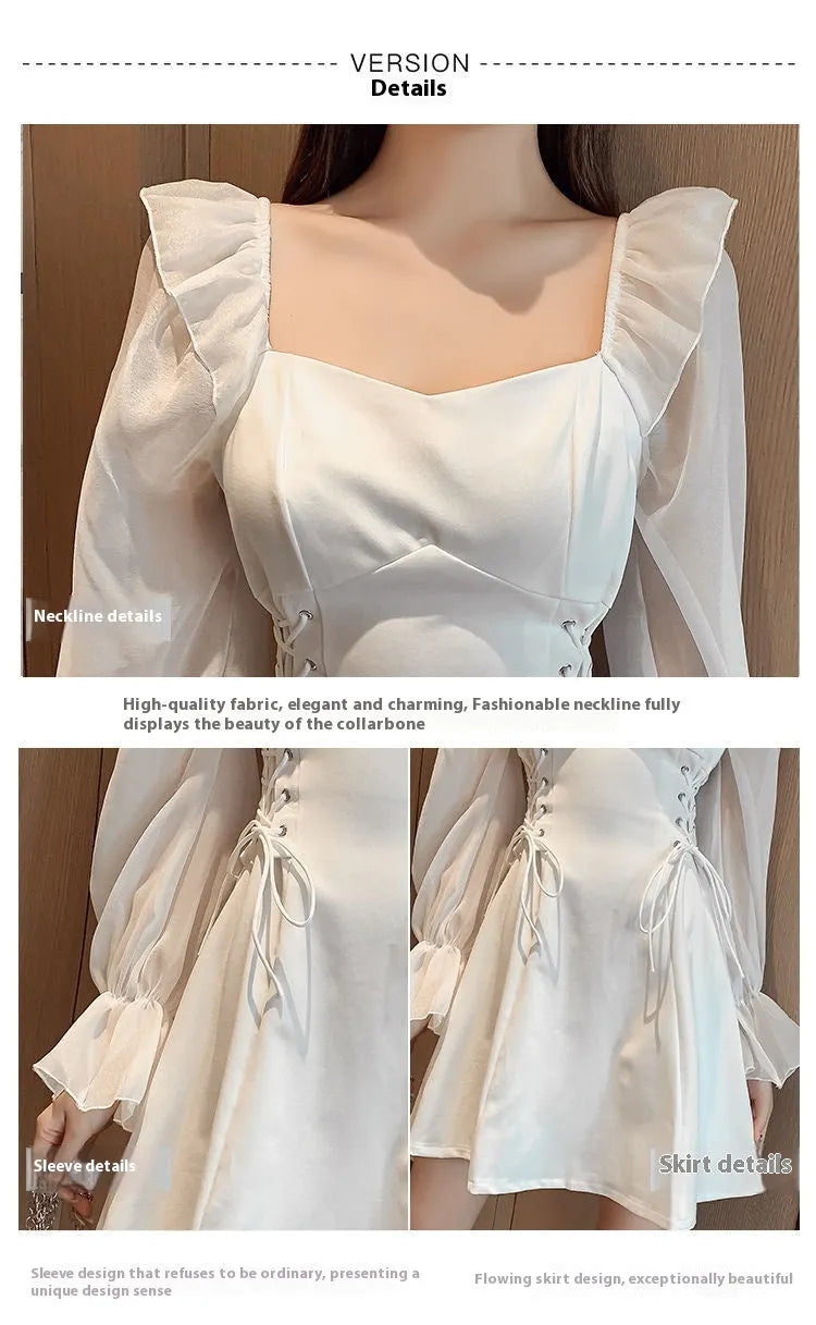White women's chiffon dress with patchwork detail, long sleeves, and a waist-slimming long skirt.