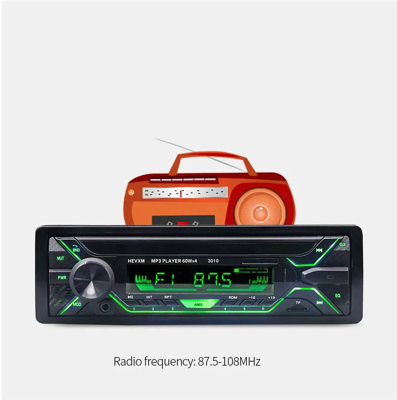 Car radio MP3 player with Bluetooth, USB port, TF card slot, LCD display, and rotary volume control