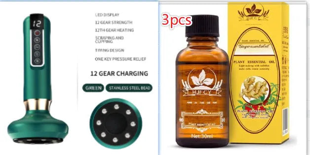 Green electric vacuum cupping massager device with suction cups and USB charger.