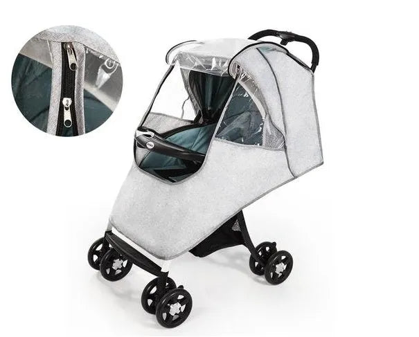 Universal baby stroller rain cover in waterproof fabric showing nonslip handle section.