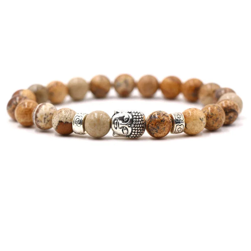 Natural stone stretch bracelet with tigereye, volcanic rock and turquoise beads on wrist