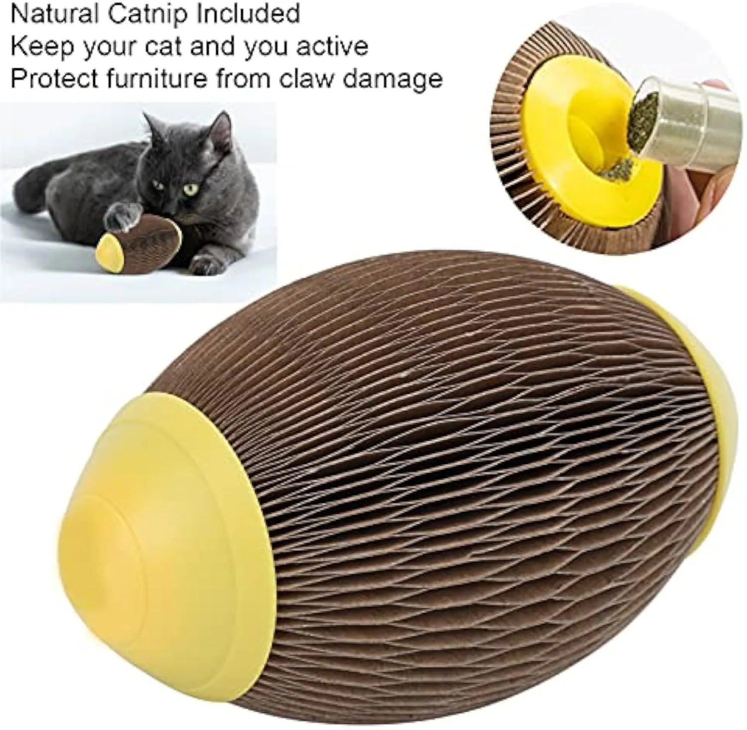 Ellipse-shaped catnip ball toy made of brown corrugated paper for scratching and play.
