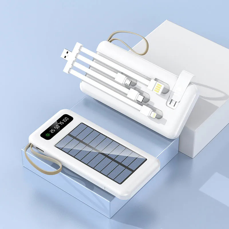 Black and white solar power bank showing its built-in solar panel and USB port.