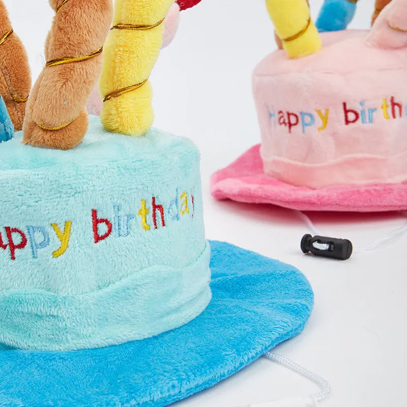 Blue and pink dog birthday hats showing dimensions of 21cm x 15cm x 6.5cm