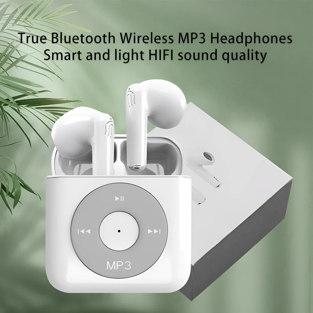 White wireless Bluetooth earphones with semi in-ear design placed beside charging compartment