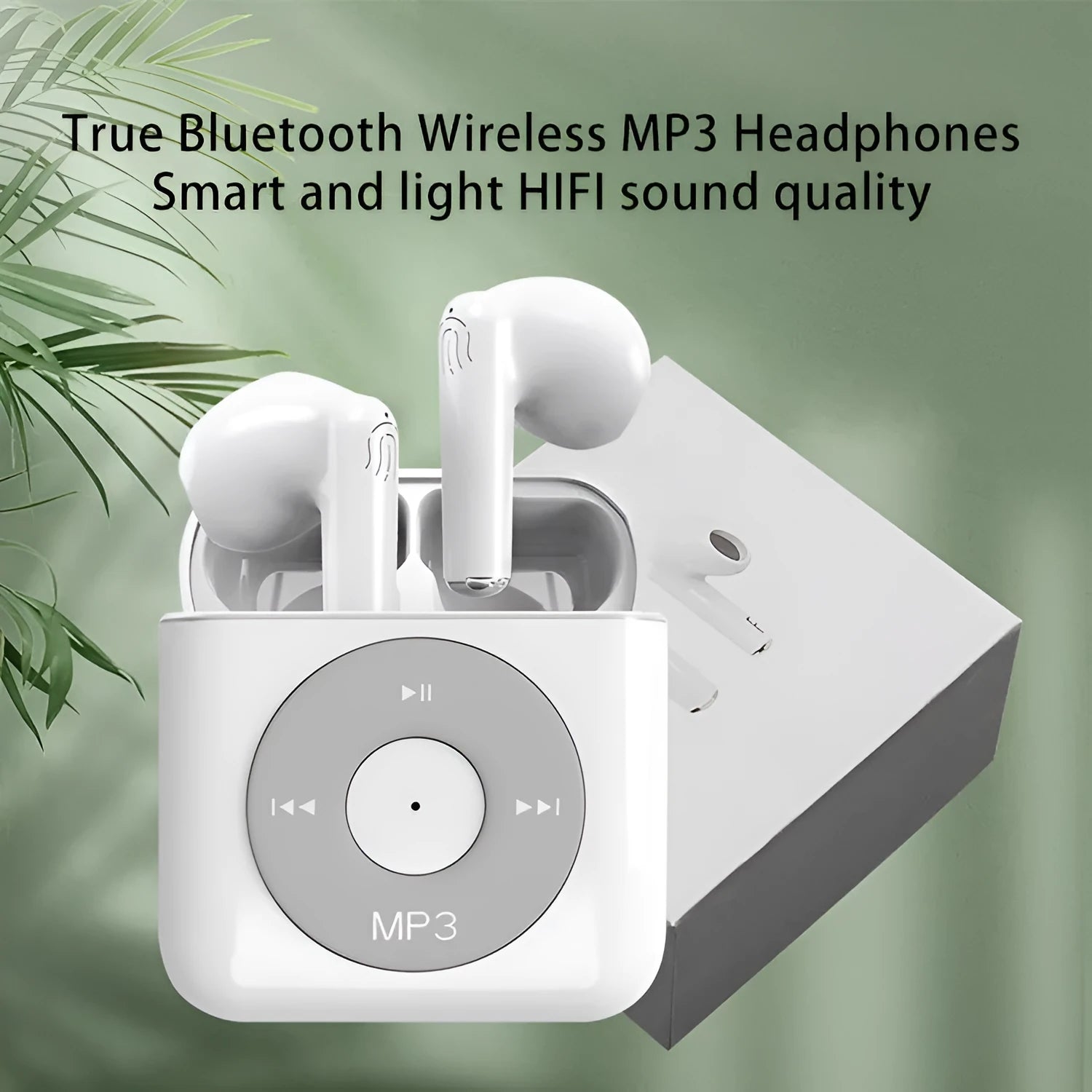 White wireless Bluetooth earphones with semi in-ear design placed beside charging compartment