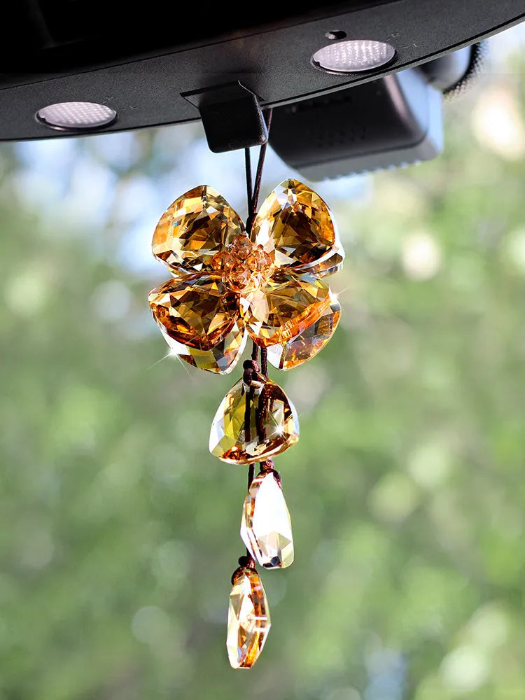 Crystal four leaf clover car pendant decoration measuring 20cm in transparent, champagne, black and shiny colours