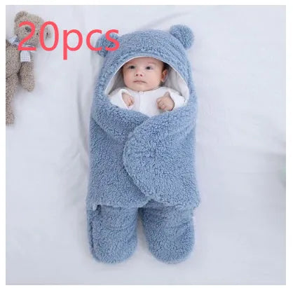 Baby quilted sleeping bag wrapper in cotton blend fabric showing six colour options and three size measurements