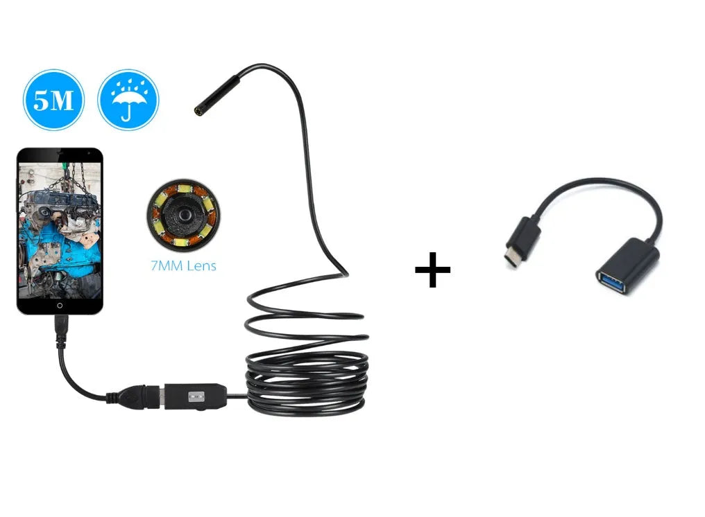 OWSOO USB endoscope camera with 5m cable, 6 LED lights, hook, magnet, and side mirror attachments
