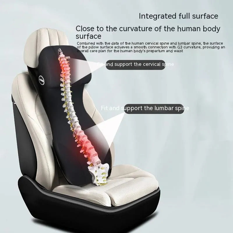 Integrated automotive memory foam seat cushion and headrest lumbar support pillow in various colours.