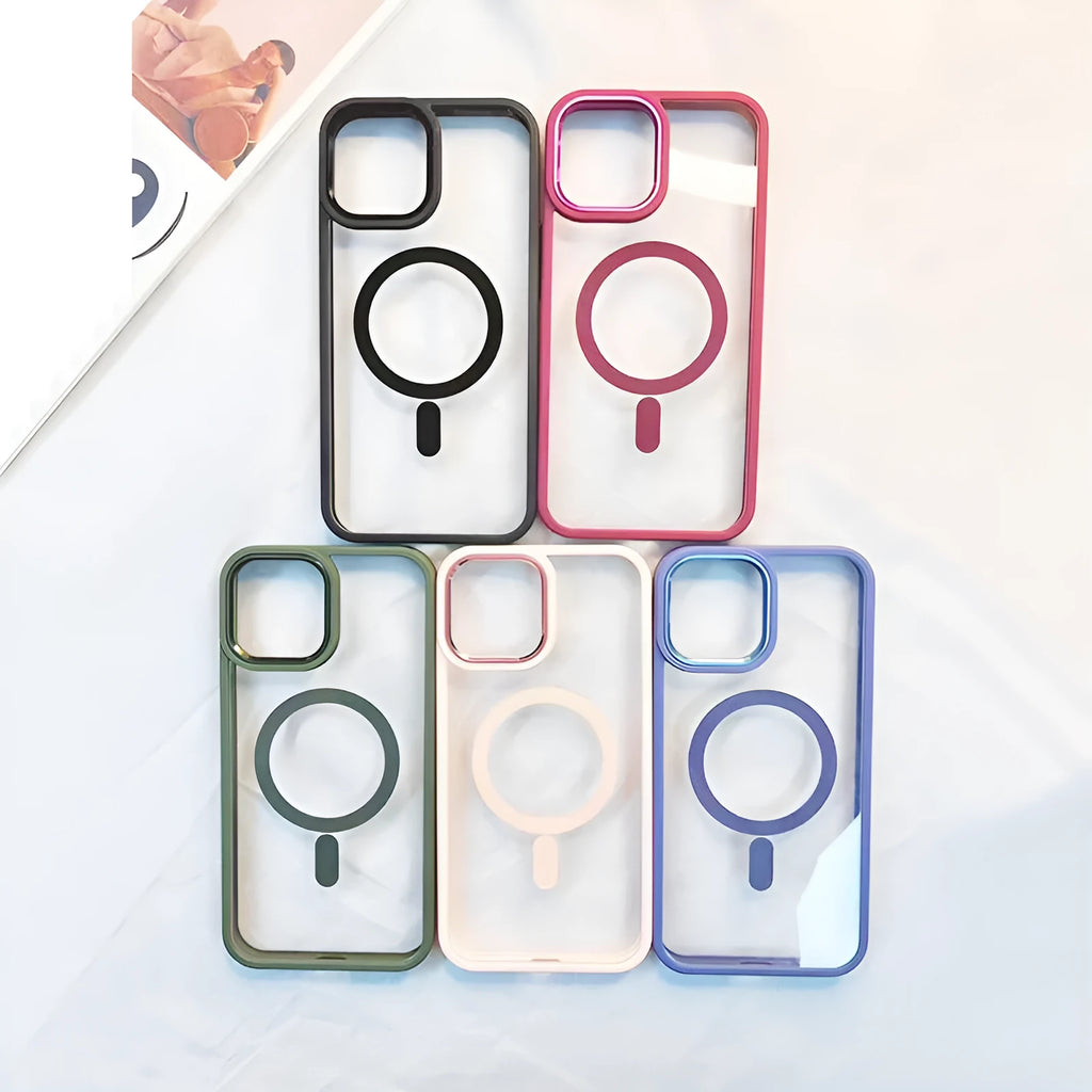 Magnetic transparent silicone phone case for iPhone in solid colours like black, blue, green, pink, and red.