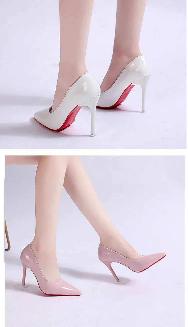 Women's solid colour pointed toe stiletto heel pumps on a white background.