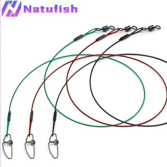 54cm green anti-bite fishing steel wire with a double buckle pin on a blue background.