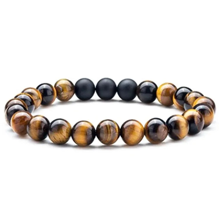 A pair of matte black agate bead bracelets with geometric design for him and her.