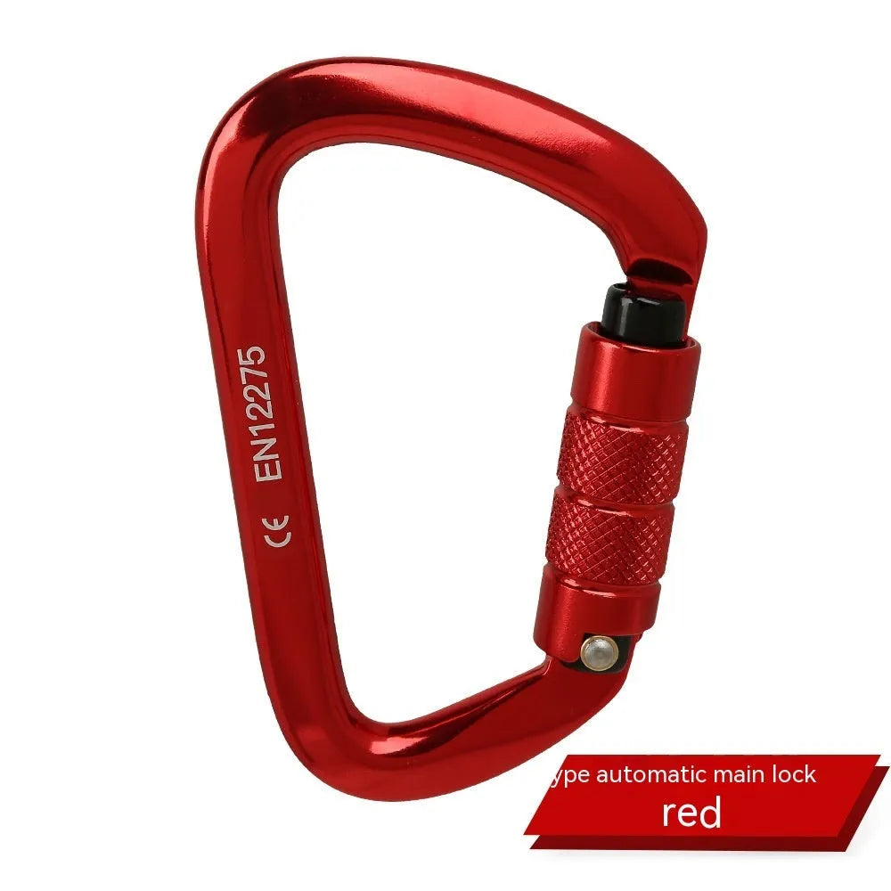 D-shaped climbing carabiner main lock in colours: black, blue, orange, red, silver red with automatic or threaded gate.
