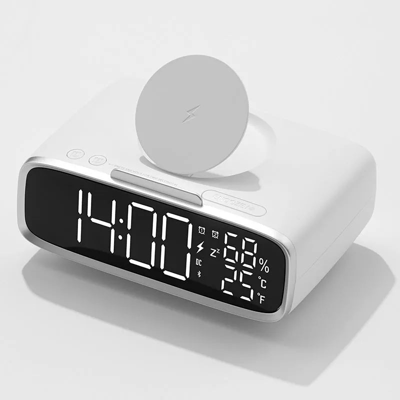 White wireless charger Bluetooth speaker with night light showing charging surface and control buttons