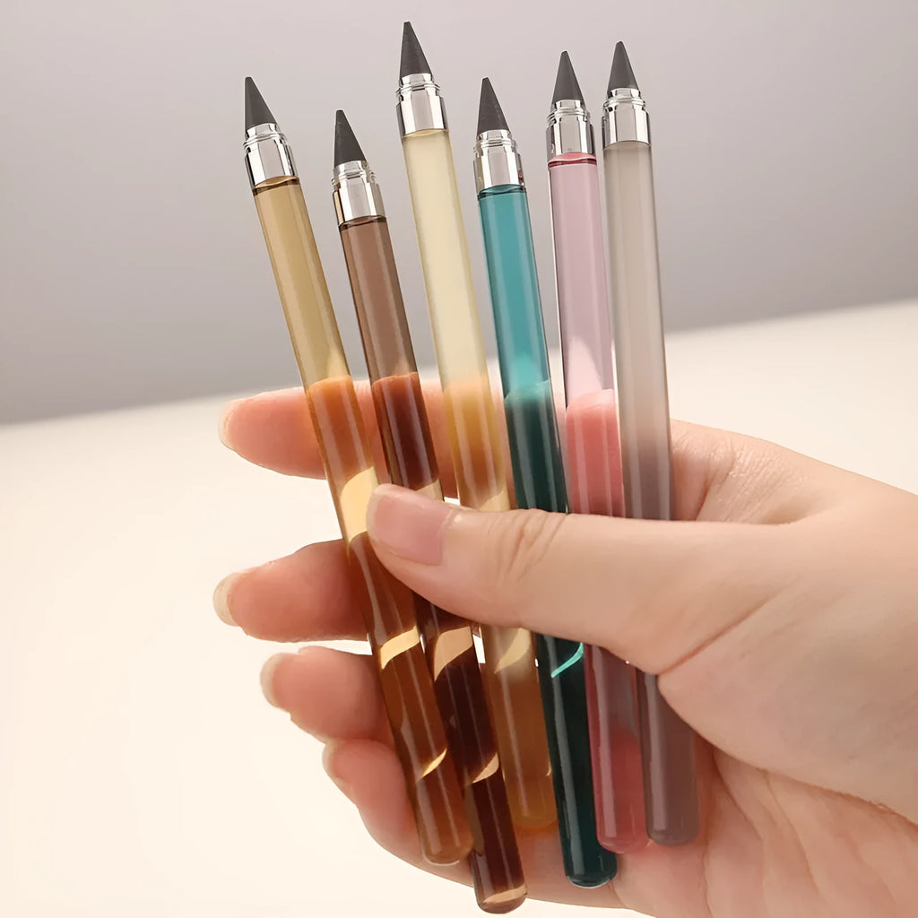 Transparent acrylic eternal pencil with alloy writing nib showing coloured graphite refill inside
