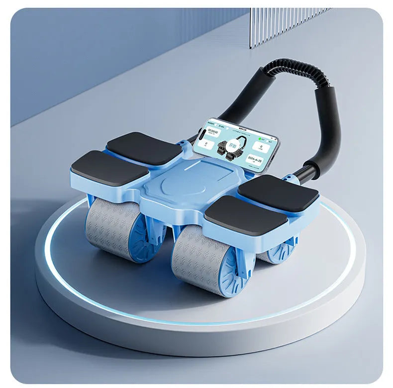 Automatic rebound abdominal wheel with four wheels in blue colour on a floor mat.
